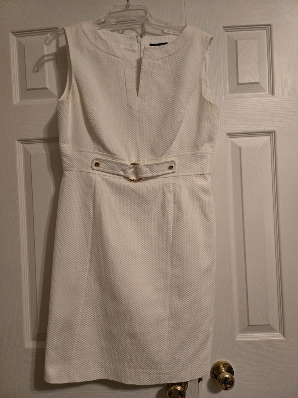 Tahari Ivory Textured Sleeveless Sheath Dress with Gold Accent